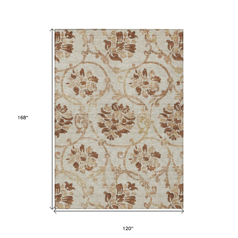 10' X 14' Terra Cotta Copper And Beige Floral Washable Indoor Outdoor Area Rug