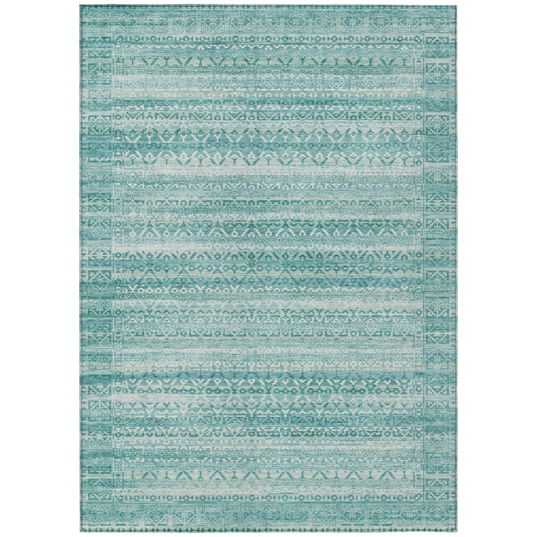 10' X 14' Aqua And Ivory Striped Washable Indoor Outdoor Area Rug