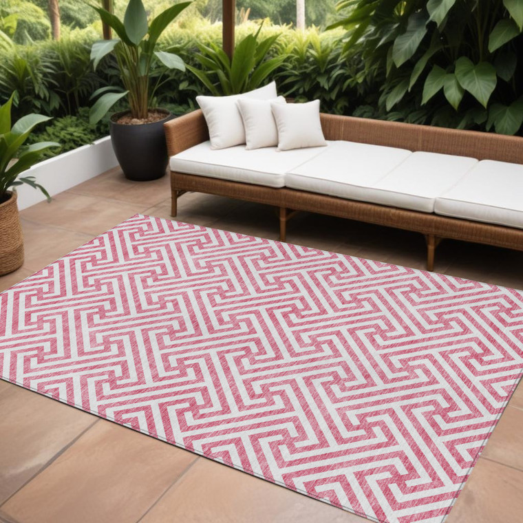 9' X 12' Pink And Ivory Geometric Washable Indoor Outdoor Area Rug Transitional Style - Pink, Ivory Color