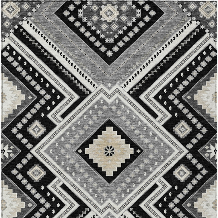 9' X 12' Black Gray And Ivory Tribal Washable Indoor Outdoor Area Rug