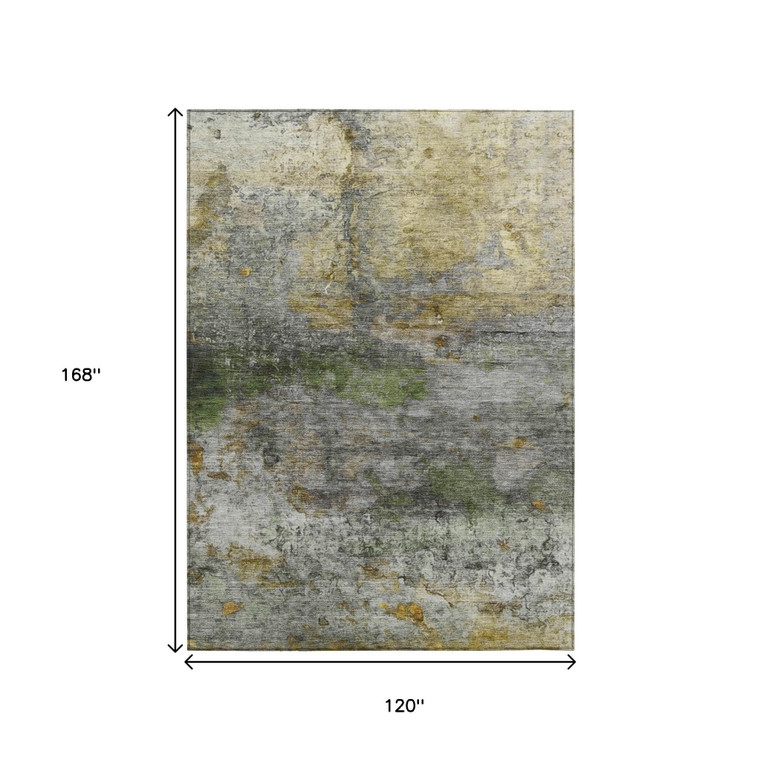 10' X 14' Olive Green Gold And Gray Abstract Washable Indoor Outdoor Area Rug