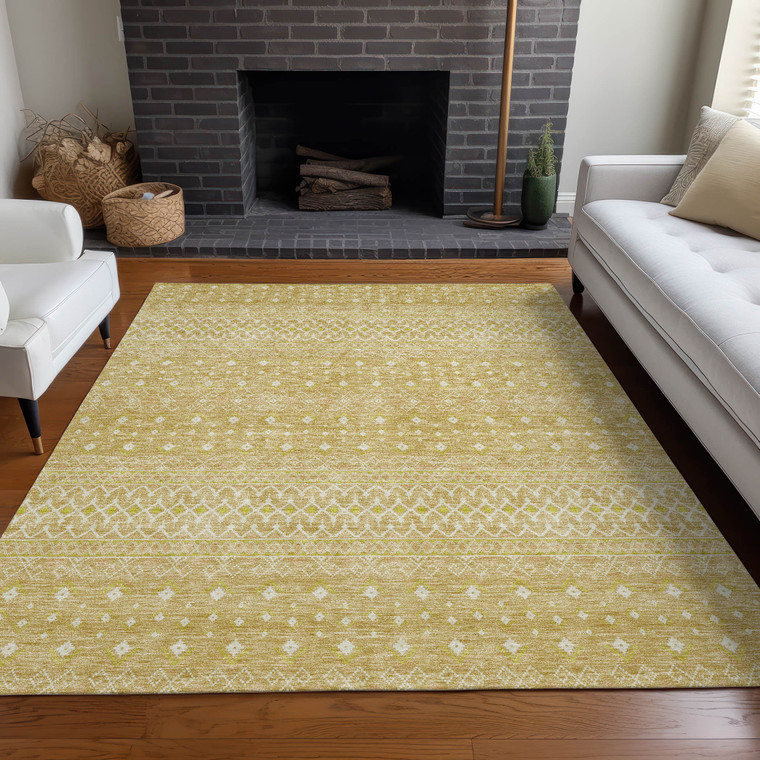 10' X 14' Gold Ivory And Taupe Tribal Washable Indoor Outdoor Area Rug