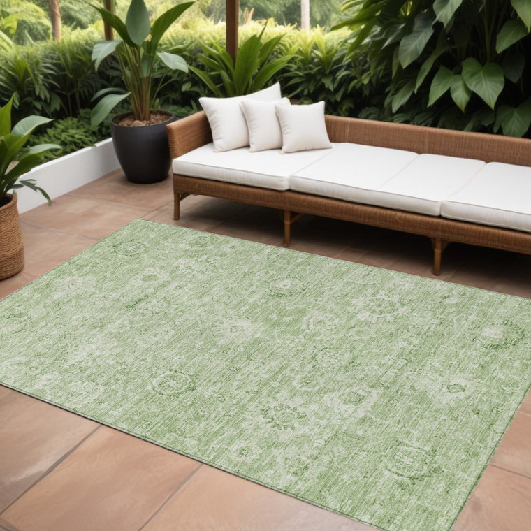 10' X 14' Artichoke Green And Ivory Damask Washable Indoor Outdoor Area Rug - Artichoke Green, Ivory