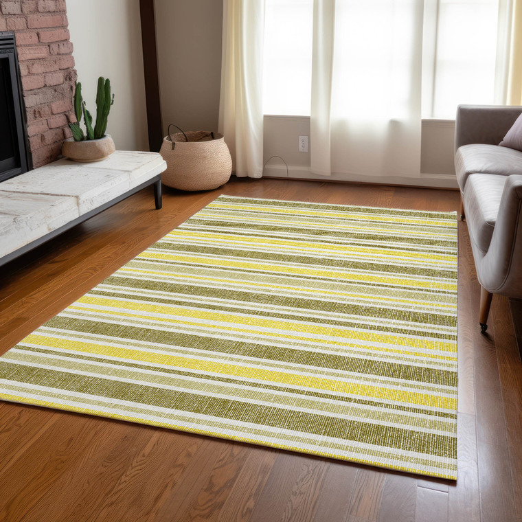9' X 12' Khaki Yellow and Gray Striped Washable Non Skid Indoor Outdoor Area Rug