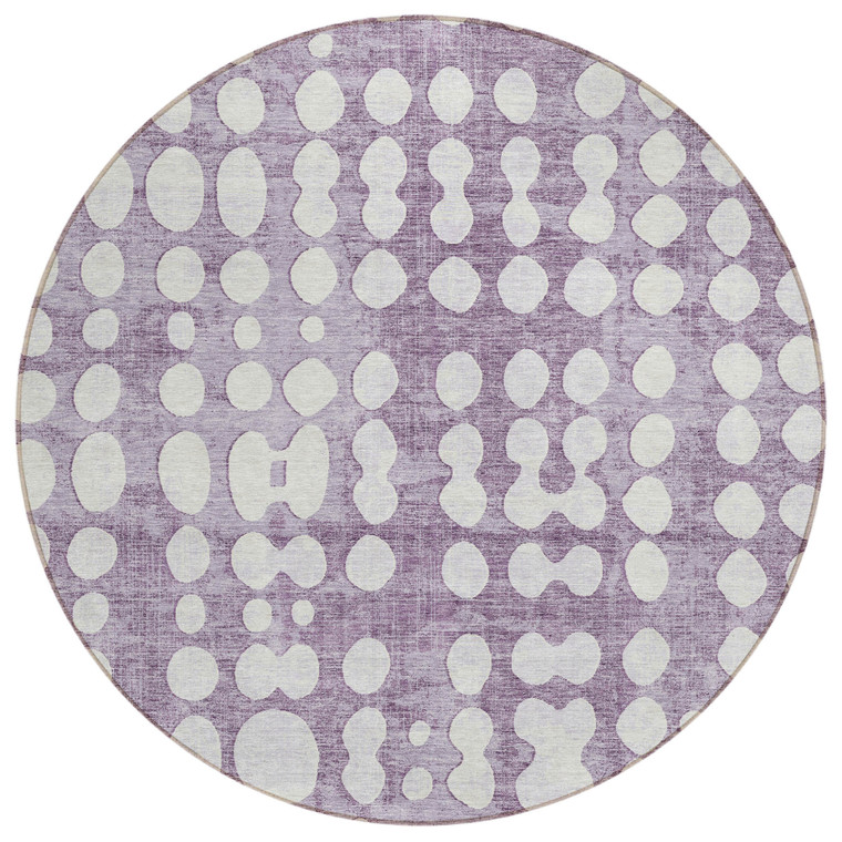 8' Purple And Ivory Round Abstract Washable Indoor Outdoor Area Rug - Purple, Ivory