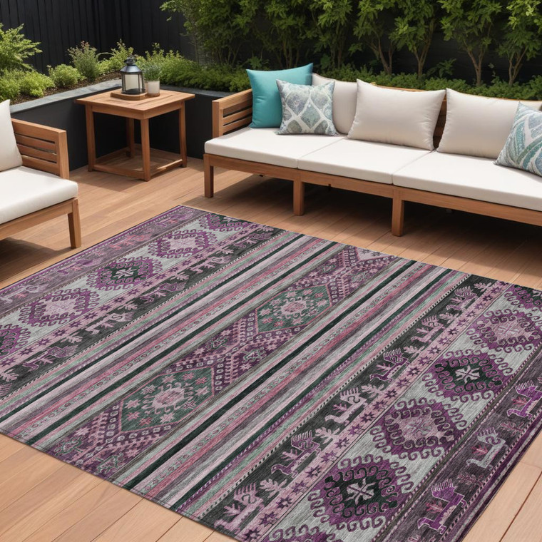 9' X 12' Purple Plum And Gray Tribal Washable Indoor Outdoor Area Rug