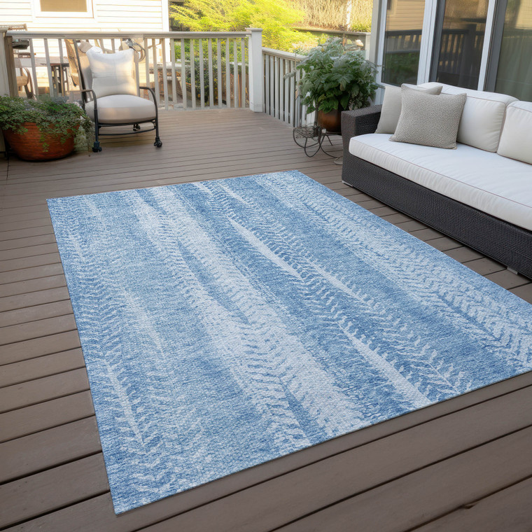 9' X 12' Sky Blue And Denim Blue Botanical Leaves Washable Indoor Outdoor Area Rug