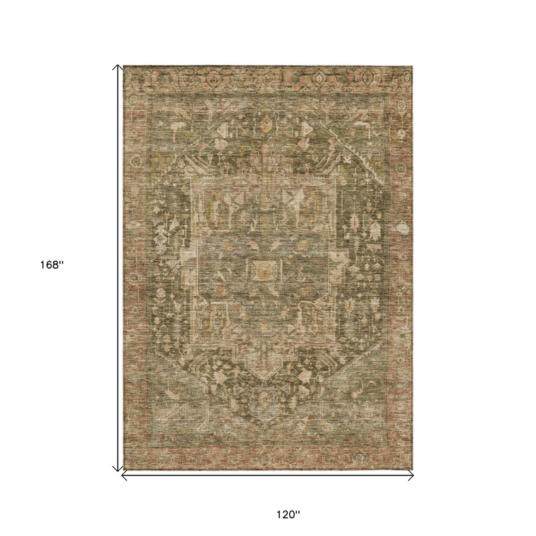 10' X 14' Fern Green Medallion Washable Indoor Outdoor Area Rug