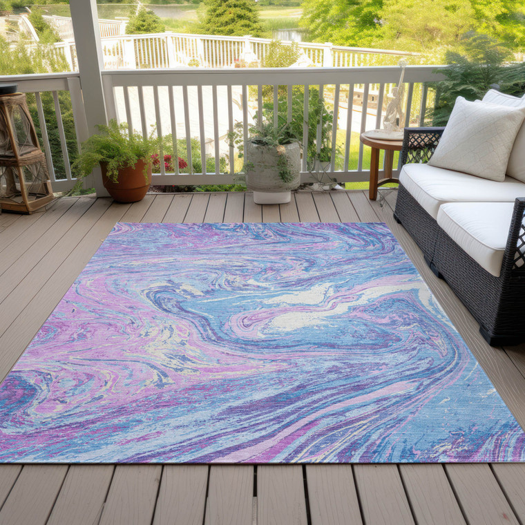 9' X 12' Sky Blue Lavender And Ivory Abstract Washable Indoor Outdoor Area Rug