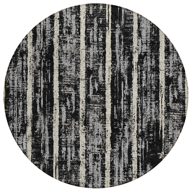 8' Black Gray And Ivory Round Striped Washable Indoor Outdoor Area Rug - 608219282998