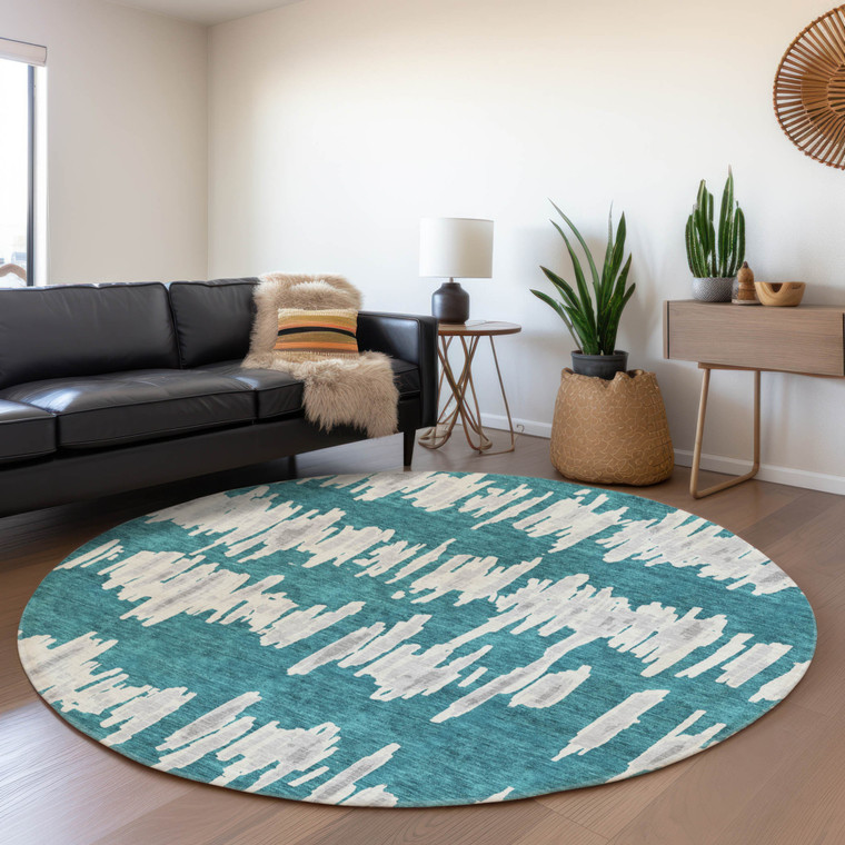 8' Teal Blue And Gray Round Striped Washable Indoor Outdoor Area Rug