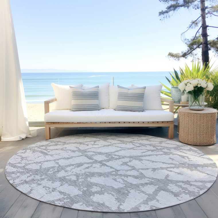 8' Silver And Gray Round Abstract Washable Indoor Outdoor Area Rug - Silver, Gray