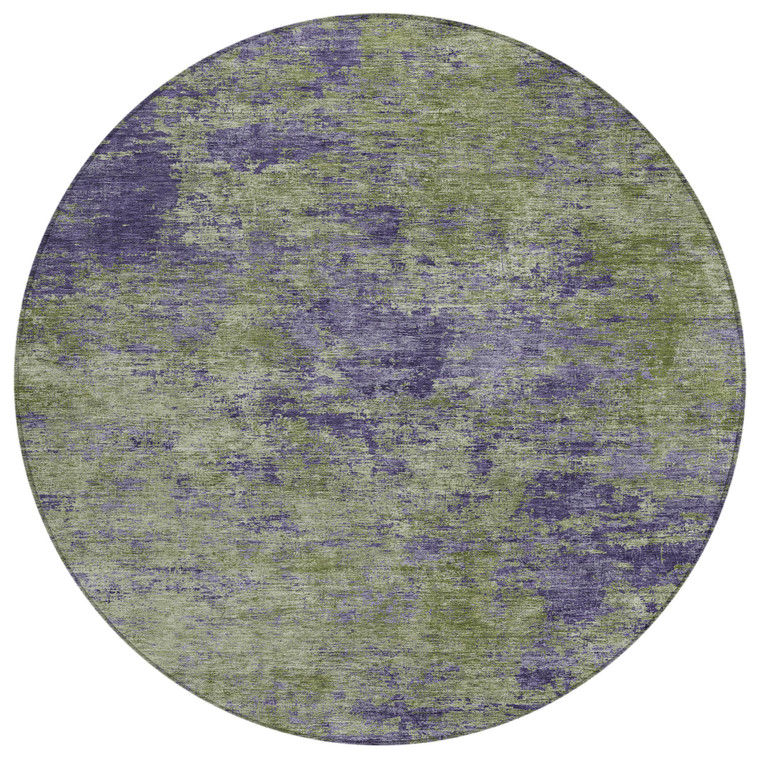 8' Olive Green And Dark Purple Round Abstract Washable Indoor Outdoor Area Rug
