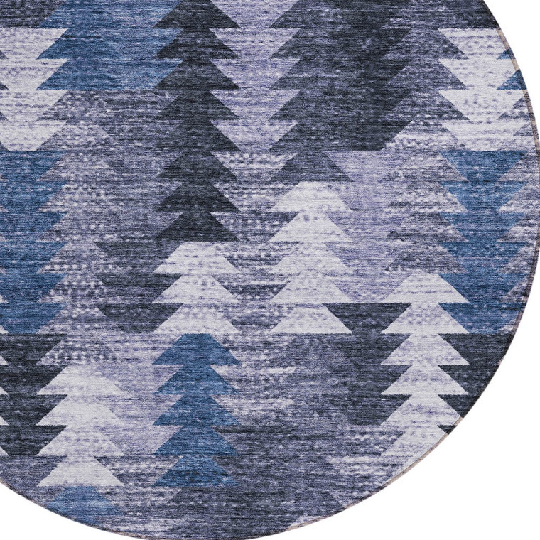 8' Navy Blue And Sky Blue Round Southwestern Washable Indoor Outdoor Area Rug