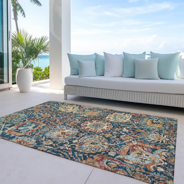 10' X 14' Navy Blue Terra Cotta And Beige Damask Washable Indoor Outdoor Area Rug