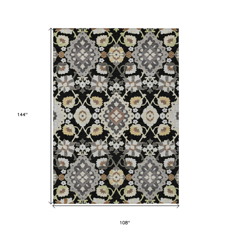 9' X 12' Black Gray And Brown Oriental Washable Indoor Outdoor Area Rug