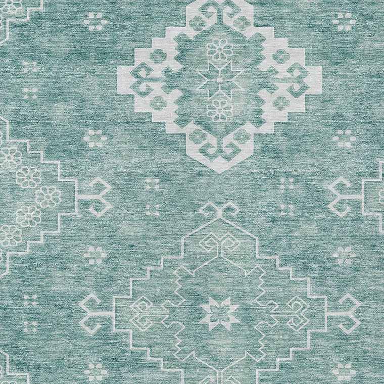 9' X 12' Aqua Teal Blue And Ivory Medallion Washable Indoor Outdoor Area Rug