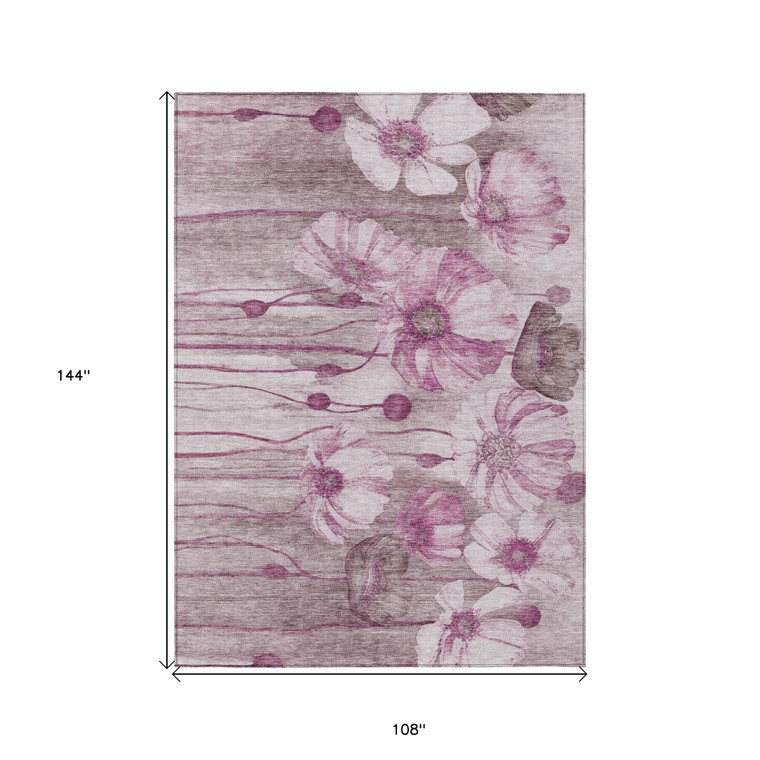 9' X 12' Plum Mauve And Pink Floral Washable Indoor Outdoor Area Rug