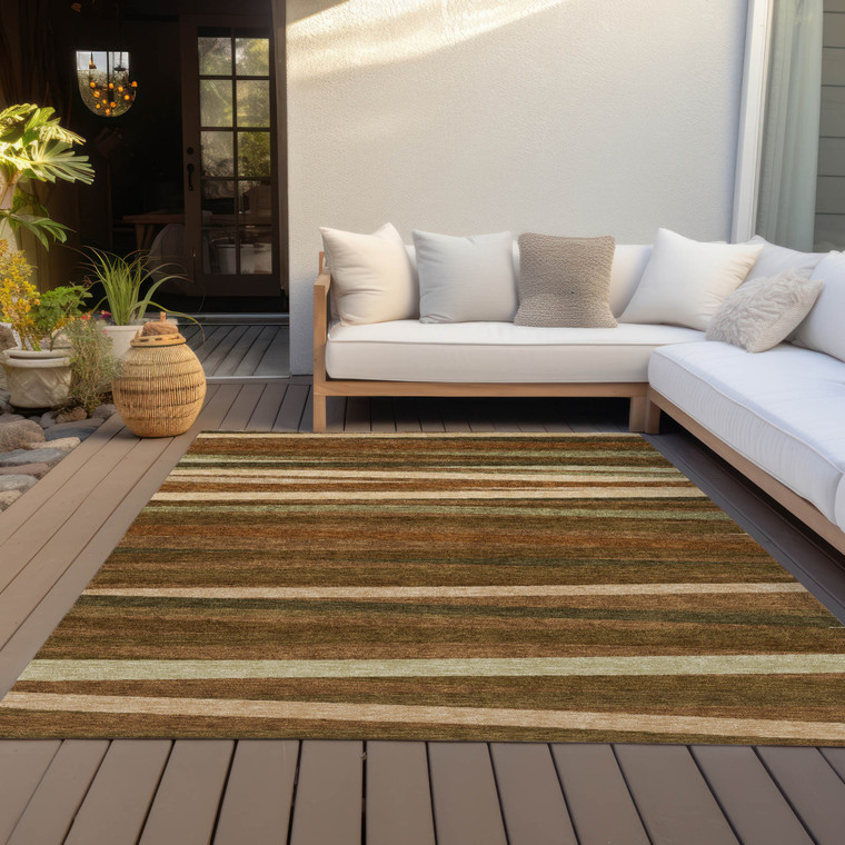10' X 14' Brown Copper And Beige Striped Washable Indoor Outdoor Area Rug