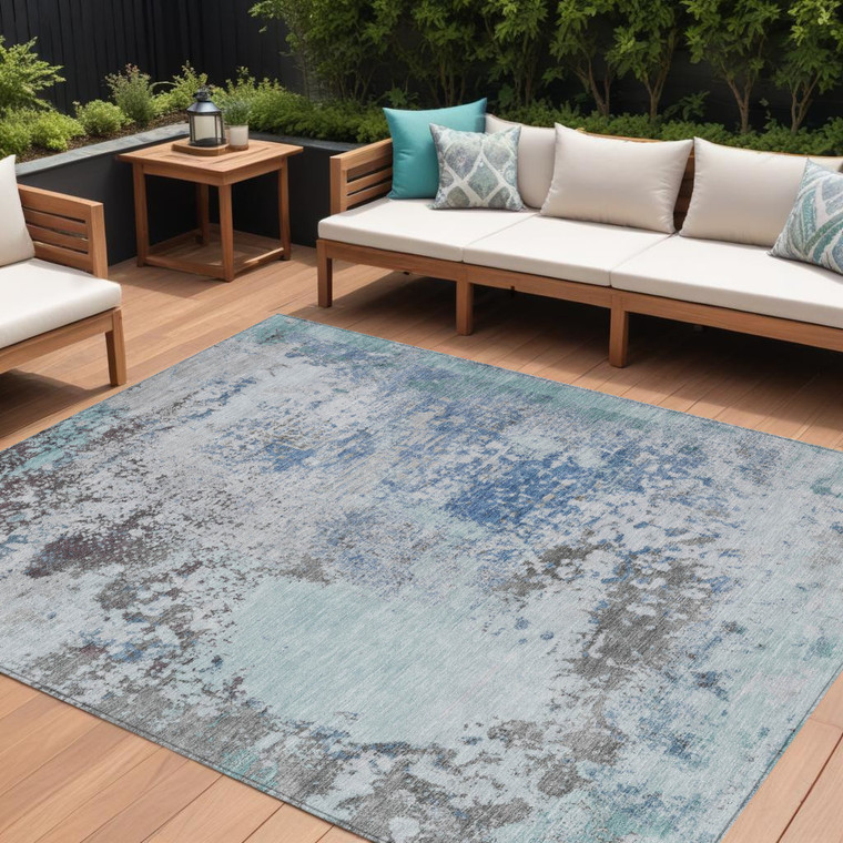 9' X 12' Turquoise Denim Blue And Gray Abstract Washable Indoor Outdoor Area Rug