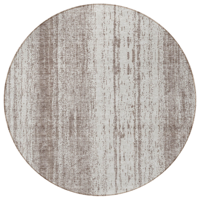 8' Taupe And Ivory Round Striped Washable Indoor Outdoor Area Rug
