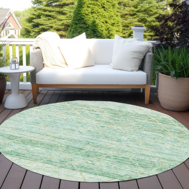 8' Artichoke Green And Beige Round Trellis Washable Indoor Outdoor Area Rug
