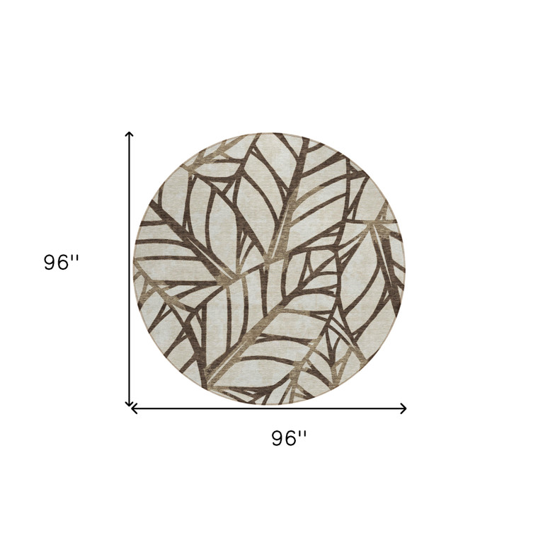 8' Chocolate And Beige Round Floral Washable Indoor Outdoor Area Rug