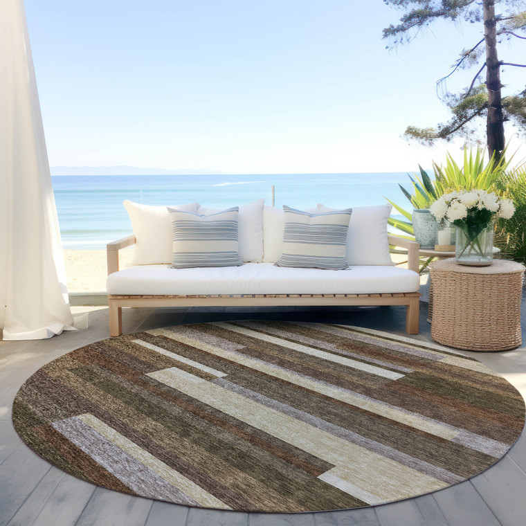8' Brown Beige And Copper Round Striped Washable Indoor Outdoor Area Rug