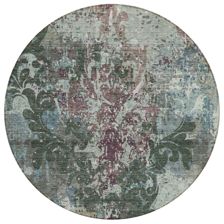 8' Fern Green And Purple Round Damask Washable Indoor Outdoor Area Rug