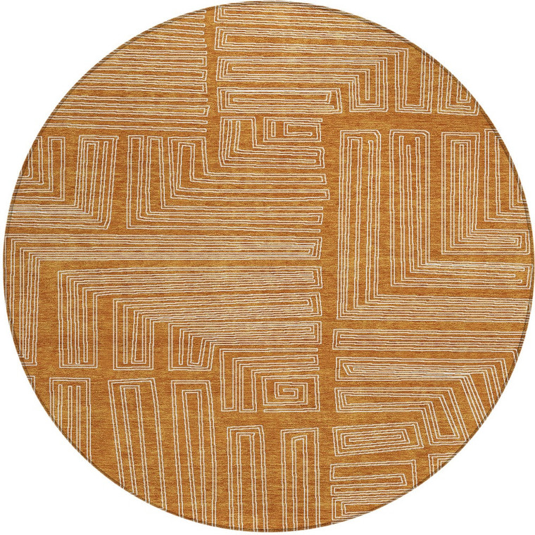 8' Copper And Ivory Round Geometric Washable Indoor Outdoor Area Rug - 608219173821