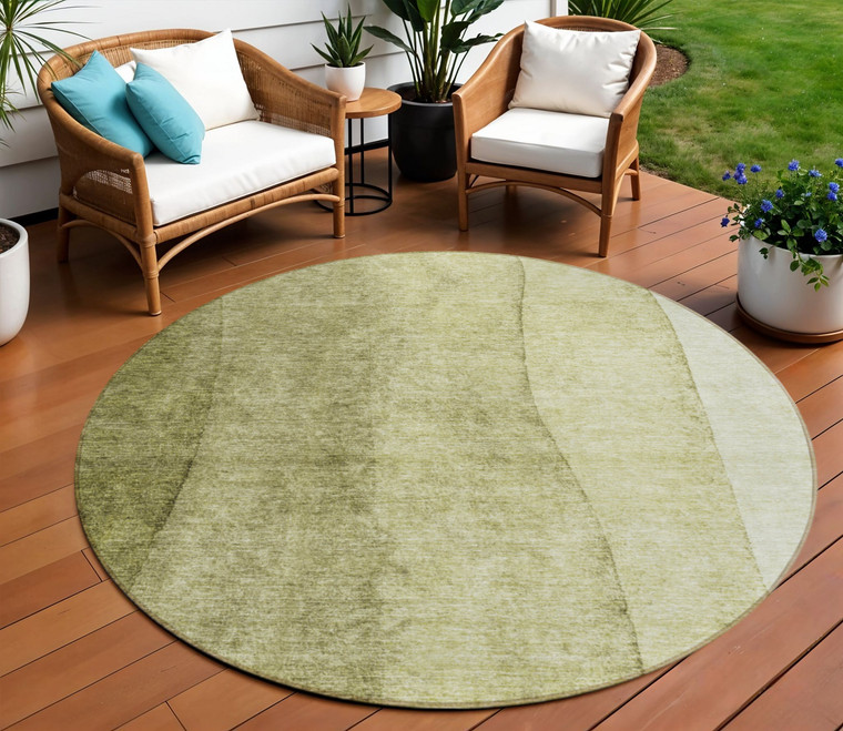 8' Olive Green And Artichoke Green Round Ombre Washable Indoor Outdoor Area Rug - Olive Green, Artichoke Green