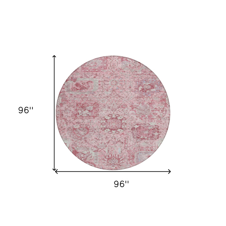 8' Pink And Gray Round Damask Washable Indoor Outdoor Area Rug