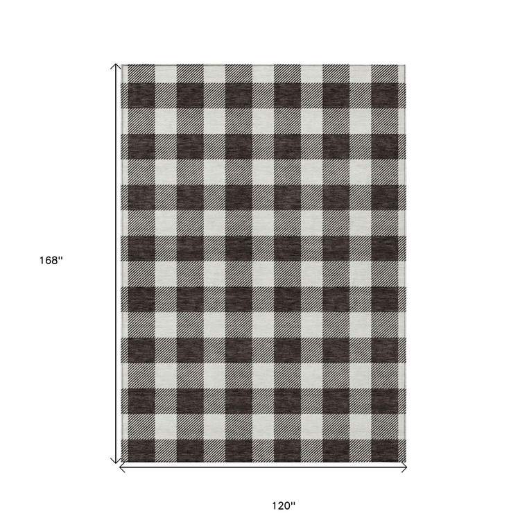 10' X 14' Black And Gray Plaid Washable Indoor Outdoor Area Rug