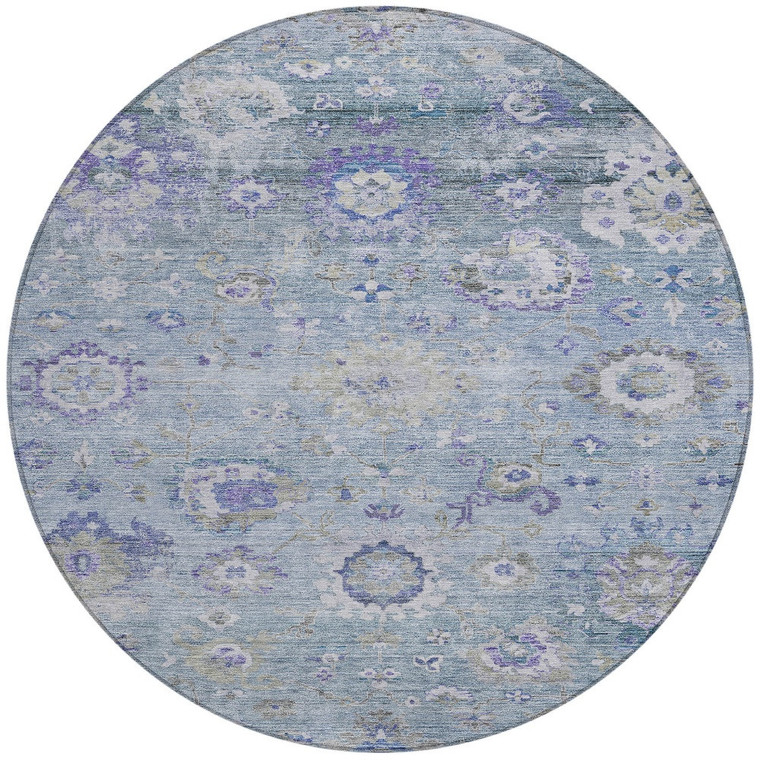 8' Sky Blue Purple And Gray Round Floral Washable Indoor Outdoor Area Rug