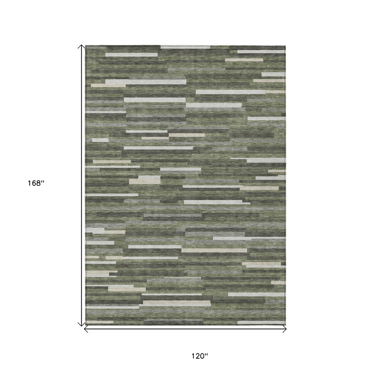 10' X 14' Olive Green Gray And Ivory Striped Washable Indoor Outdoor Area Rug