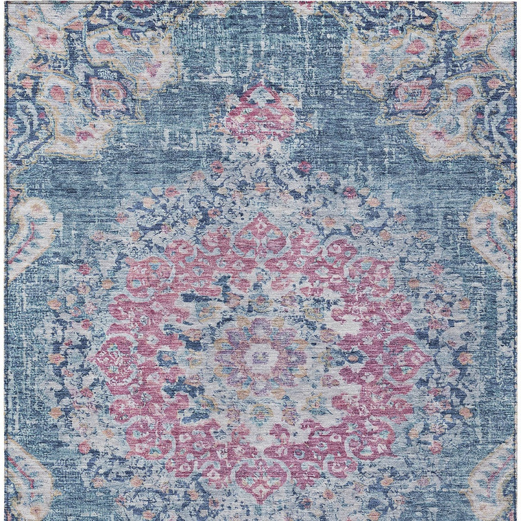 9' X 12' Blue Floral Medallion Washable Indoor Outdoor Area Rug