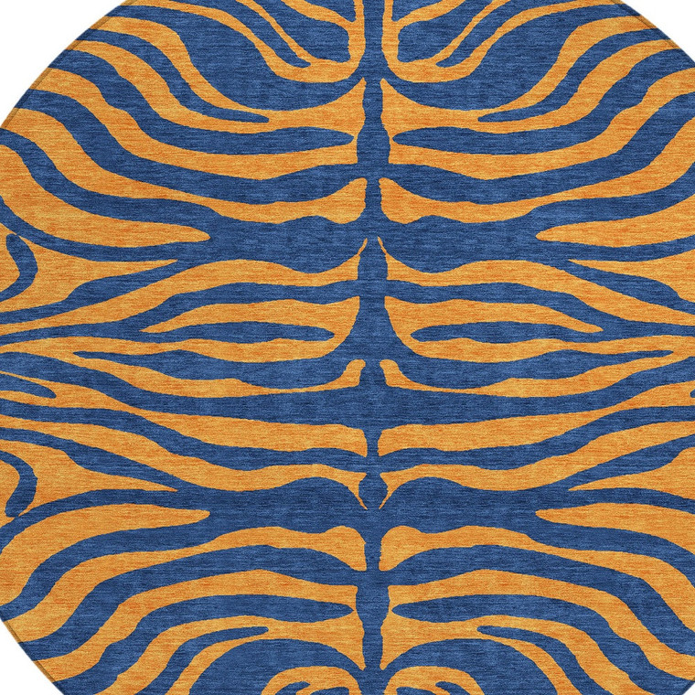 8' Navy Blue And Pink Round Animal Print Washable Indoor Outdoor Area Rug