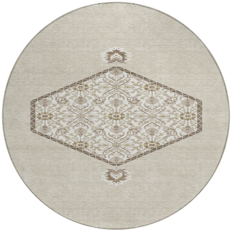 8' Beige Brown And Ivory Round Oriental Washable Indoor Outdoor Area Rug