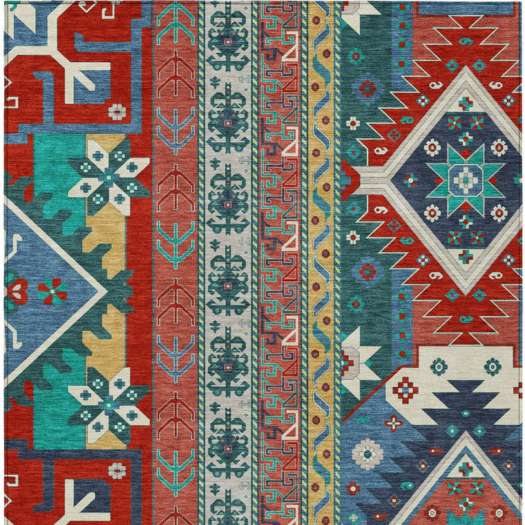 9' X 12' Red Pink And Teal Blue Aztec Washable Indoor Outdoor Area Rug