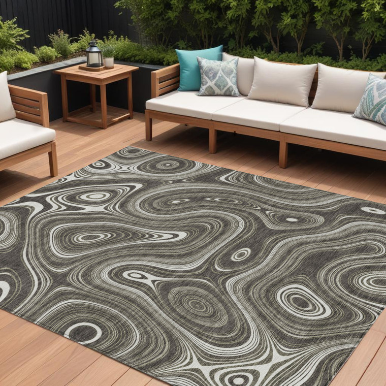 9' X 12' Gray And Ivory Geometric Washable Indoor Outdoor Area Rug - Gray, Ivory