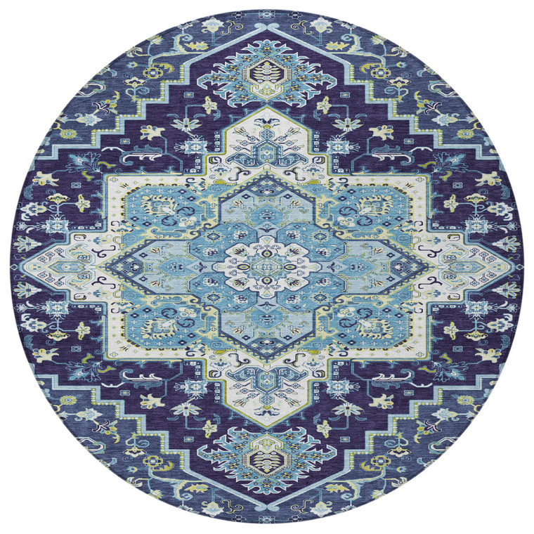 8' Navy Blue Ivory And Black Round Oriental Washable Indoor Outdoor Area Rug