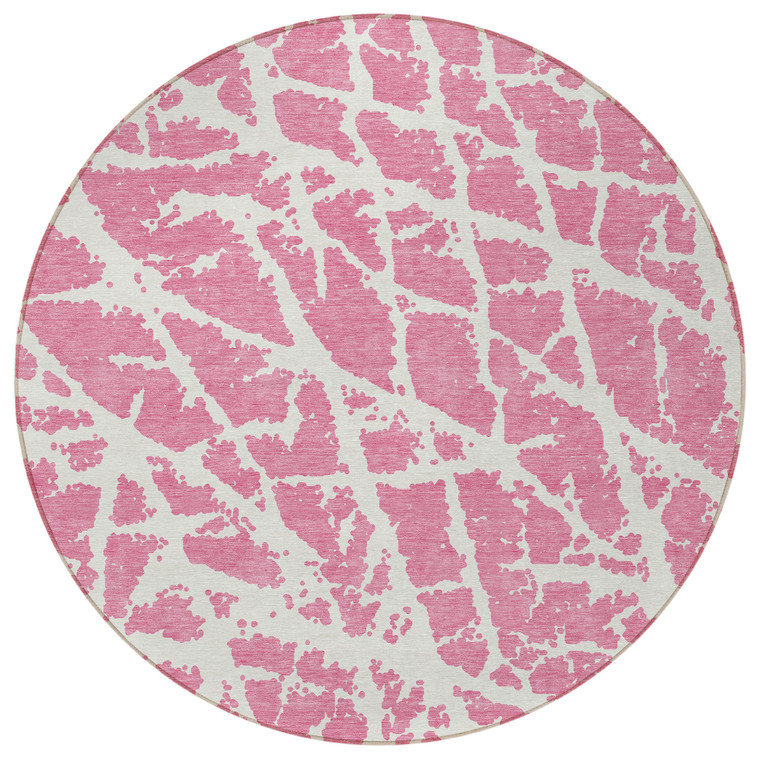 8' Round Pink and Ivory Round Abstract Washable Non Skid Indoor Outdoor Area Rug