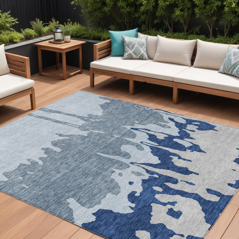 10' X 14' Sky Blue And Denim Blue Abstract Washable Indoor Outdoor Area Rug Transitional Style - Sky Blue, Denim Blue Color