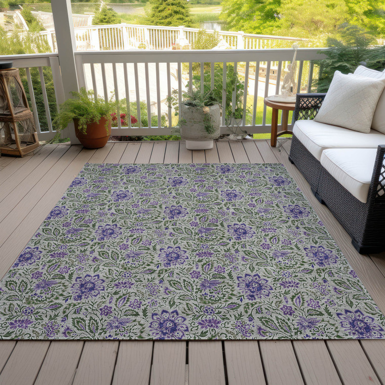 10' X 14' Olive Green Sage And Purple Floral Washable Indoor Outdoor Area Rug