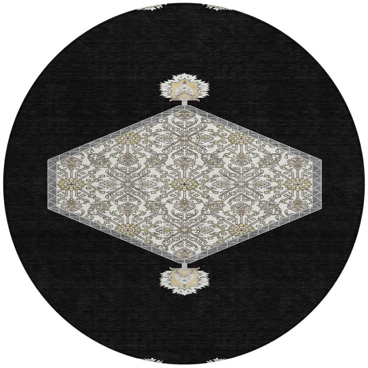 8' Black Gray And Ivory Round Oriental Washable Indoor Outdoor Area Rug
