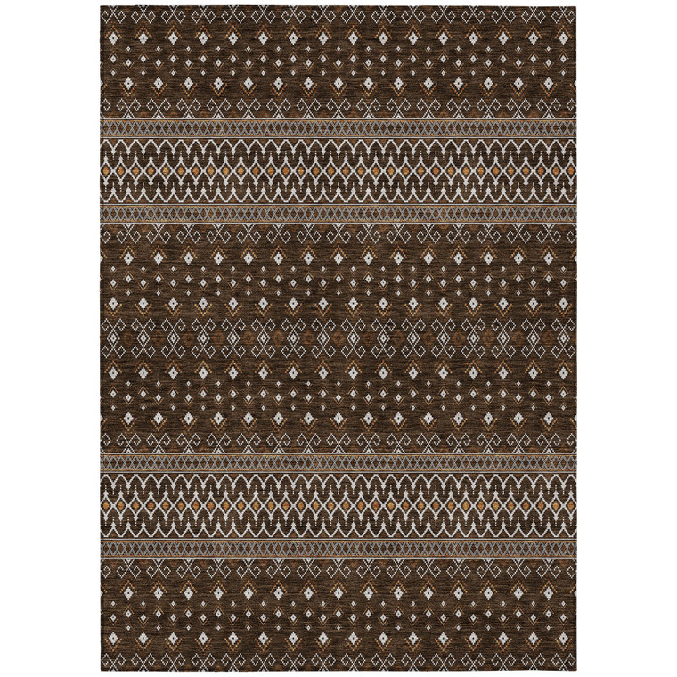 8' X 10' Chocolate Taupe And Copper Tribal Washable Indoor Outdoor Area Rug
