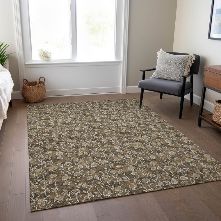 8' X 10' Brown And Ivory Floral Washable Indoor Outdoor Area Rug