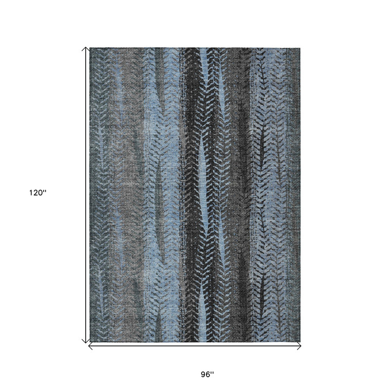 8' X 10' Blue Gray And Charcoal Botanical Leaves Washable Indoor Outdoor Area Rug
