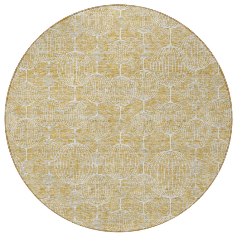 8' Gold Ivory And Beige Round Geometric Washable Indoor Outdoor Area Rug