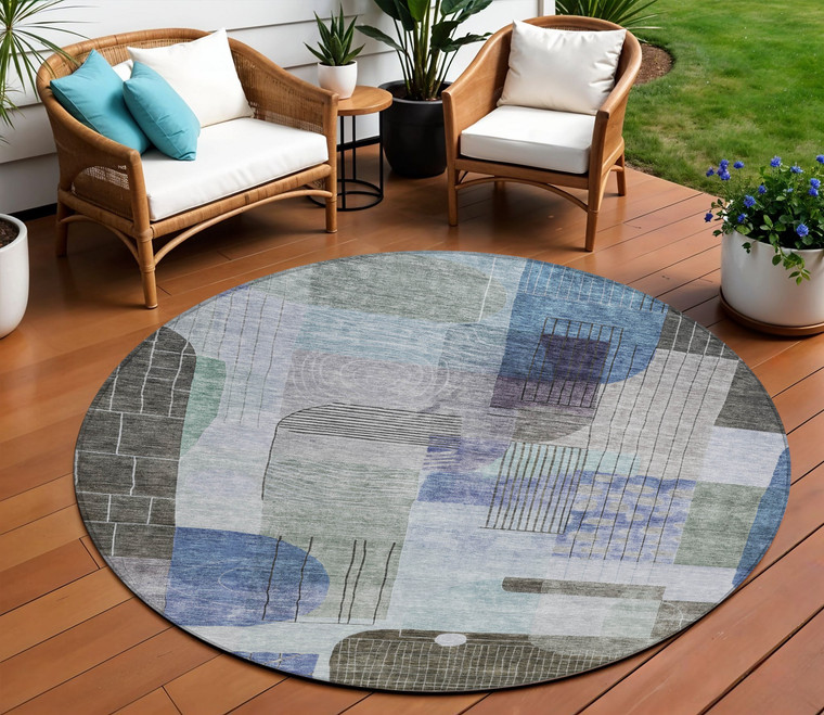 8' Blue Gray And Charcoal Round Abstract Washable Indoor Outdoor Area Rug - Blue, Gray, Charcoal